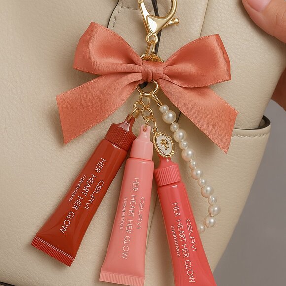 Tinted Lip Oil Trio on Keychain | w/ Detachable Pearl & Bow Charm - Picture 1 of 6